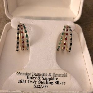 Genuine Diamond Emerald Ruby and Sapphire Hoop Earrings 18k over Sterling Silver